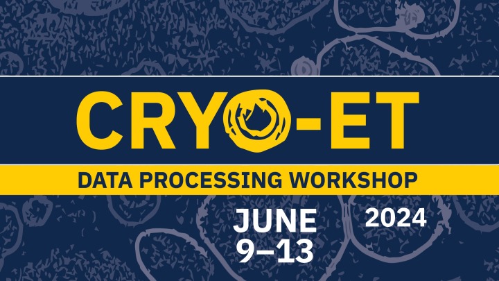 Cryo-electron tomogram on a navy background with text: Cryo-ET Data Processing Workshop. June 9-13, 2024