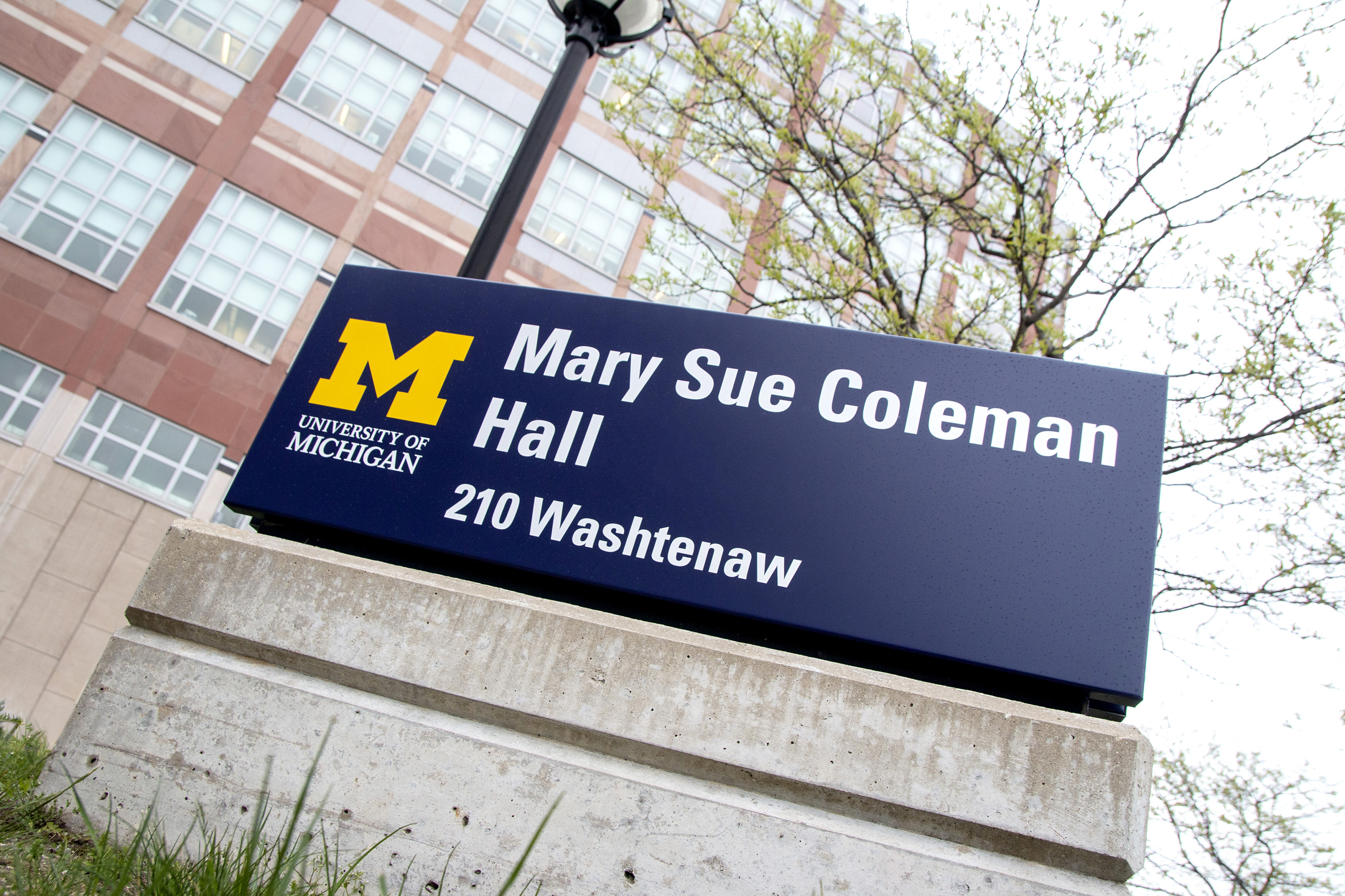 Sign with new building name, Mary Sue Coleman Hall