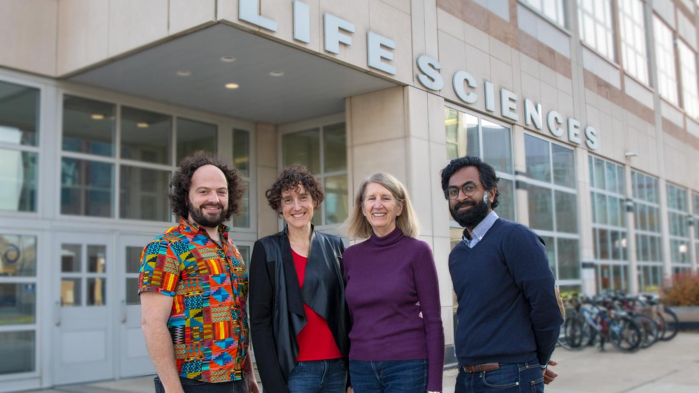 LSI faculty members Michael Cianfrocco, Melanie Ohi, Janet Smith and Shyamal Mosalaganti stand in front of the LSI building