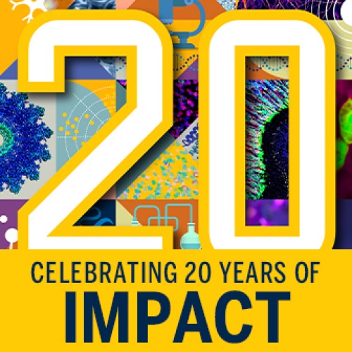 Graphic with the number 20 on a background of scientific images. Text: Celebrating 20 years of impact