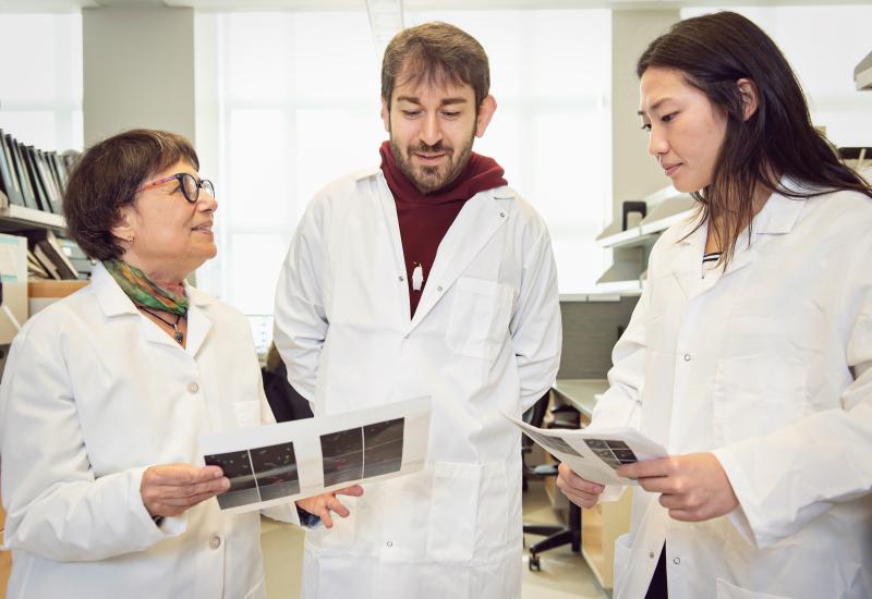 Lois Weisman discusses research with graduate students Huseyin Karaburk and Lily Hahn