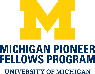 Maize block M with blue text below: Michigan Pioneer Fellows Program, University of Michigan
