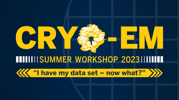 Maize text on a navy background: Cryo-EM Summer Workshop 2023: "I have my data set — now what?" 