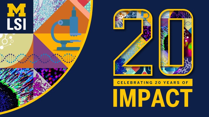 Graphic with scientific imagery and the the number 20 on a blue background. Text: Celebrating 20 years of impact